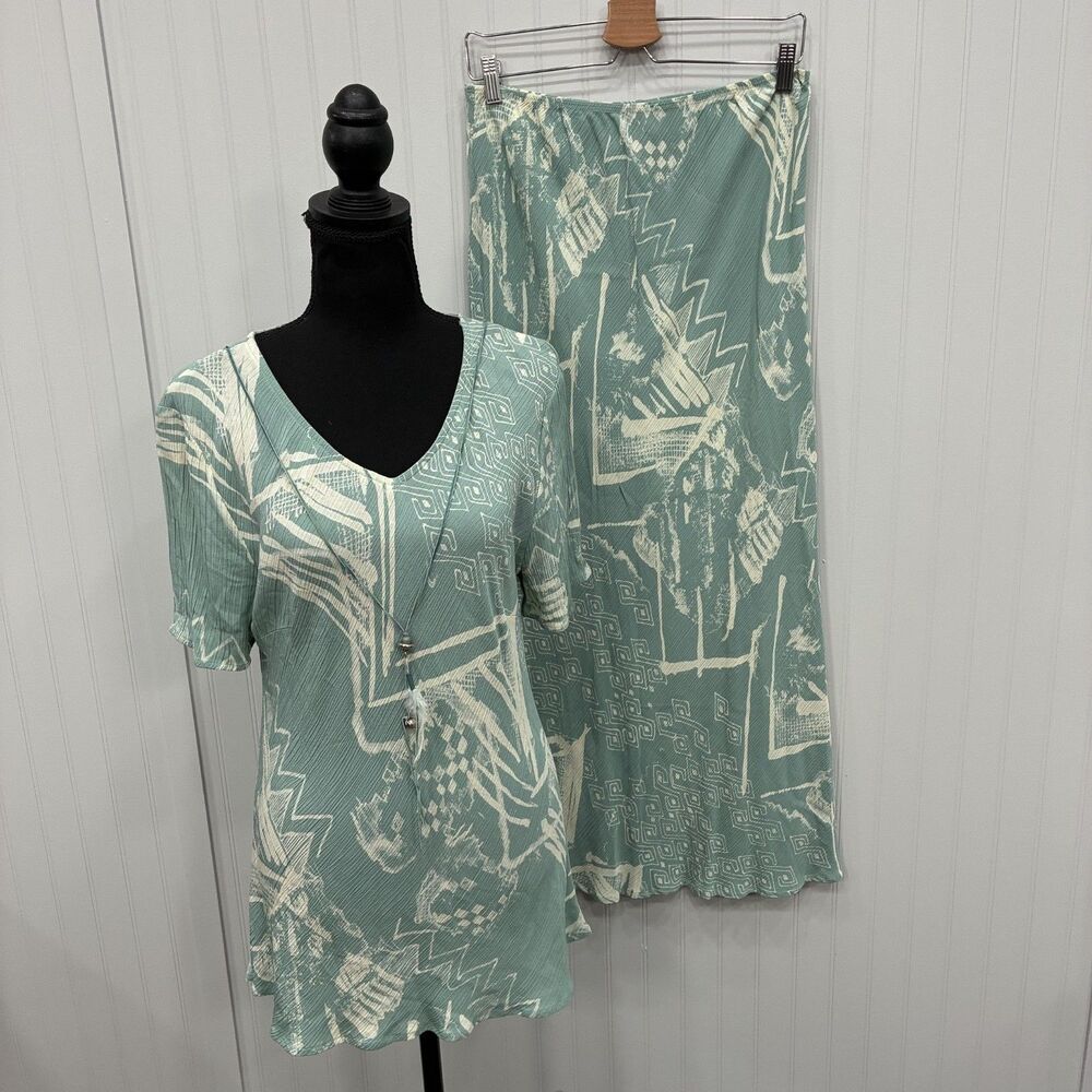 VTG Carole Little Women's Sz 12 Sage Green 2-Piece Skirt Set Retro 90's Artsy